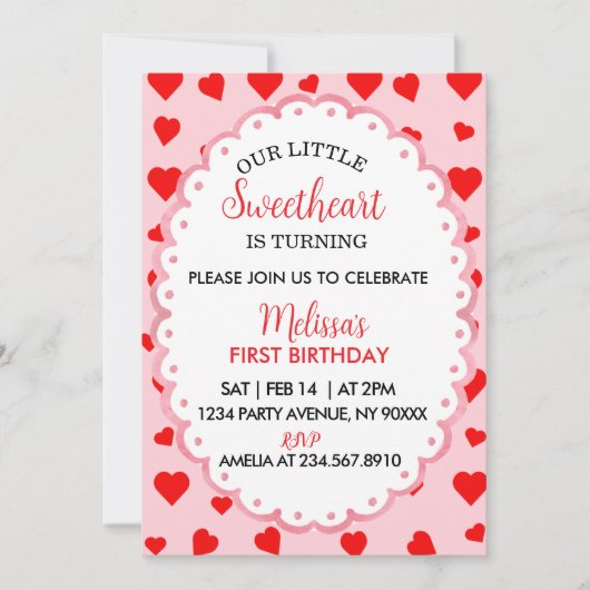 Invitation Our Little Sweetheart First Birthday Invitation. (Devant)