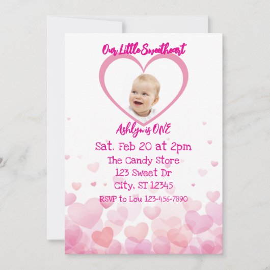 Invitation Our Little Sweetheart is ONE, hearts 1st Birthday (Devant)