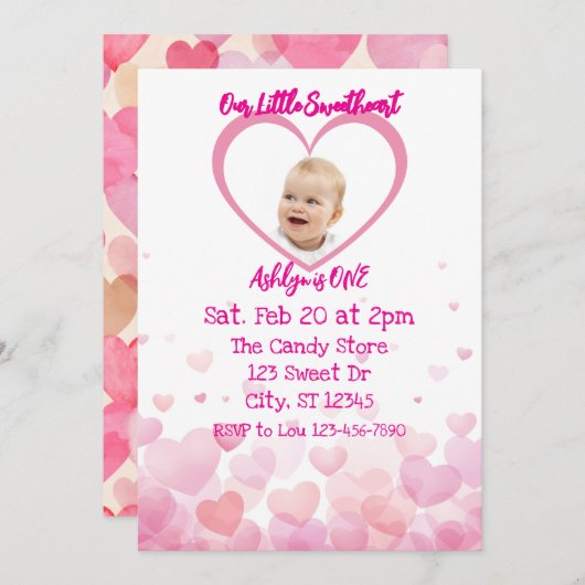 Invitation Our Little Sweetheart is ONE, hearts 1st Birthday (Devant / Derrière)