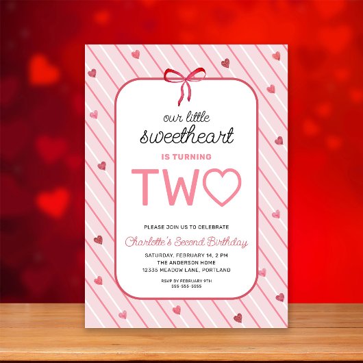 Invitation Our Little Sweetheart Is Two Hearts Bows Birthday