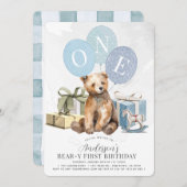 Invitation Ours 1er anniversaire Ours Bleu Ballons Garçon (Devant / Derrière)