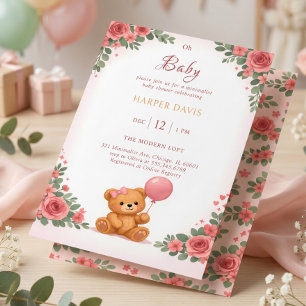 Invitation Ours à l'aquarelle fleurie rose avec ballon