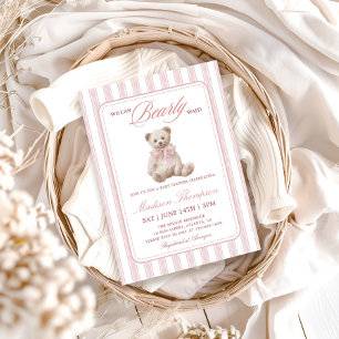 Invitation Ours à rayures roses attend à peine la Baby Shower