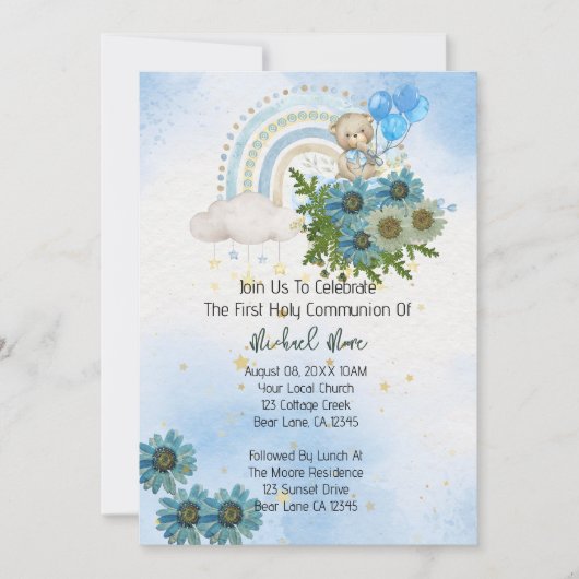 Invitation Ours arc-en-ciel Boho Première communion sainte (Devant)