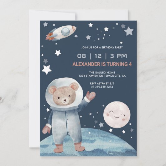 Invitation Ours Astronaut fusée spatiale Anniversaire (Devant)