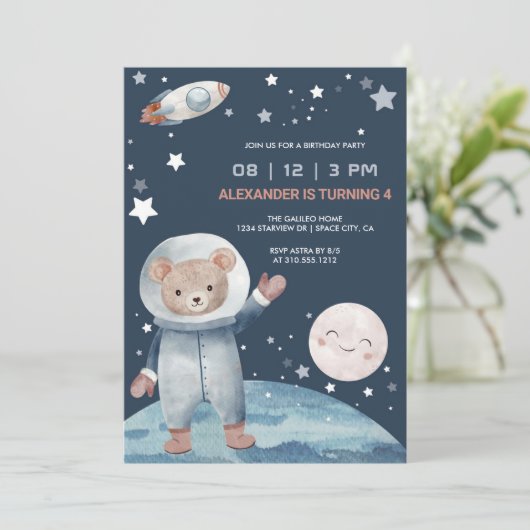 Invitation Ours Astronaut fusée spatiale Anniversaire (Debout devant)