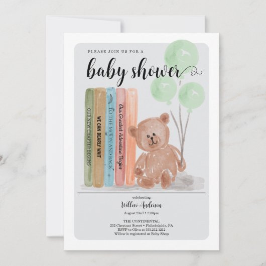Invitation Ours aux livres attend à peine la baby shower vert (Devant)