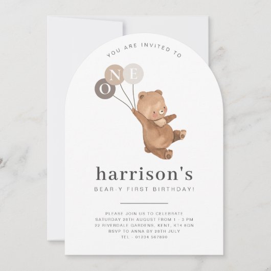 Invitation Ours avec 3 ballons Brown 1er arc Anniversaire (Devant)