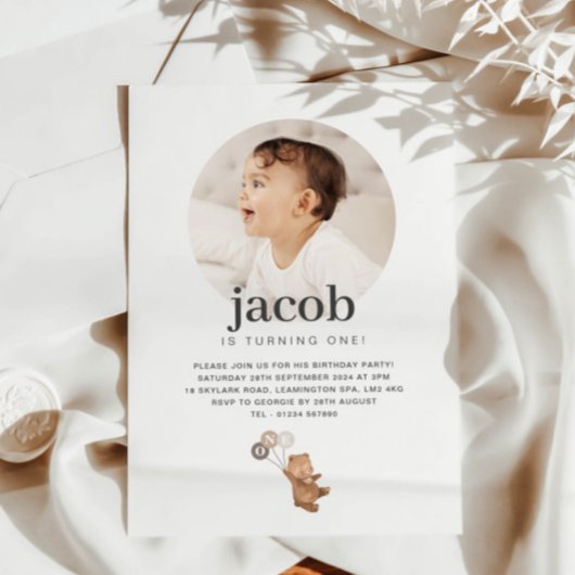 Invitation Ours avec 3 ballons Brown - Photo Anniversaire