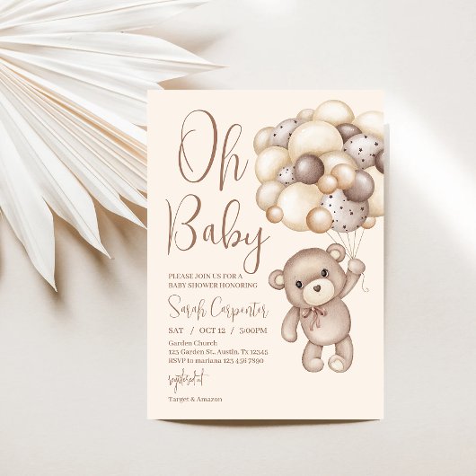 Invitation ours avec baby shower ballons