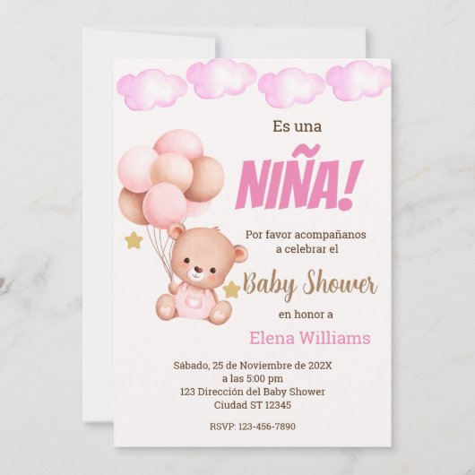 Invitation Ours avec ballons Baby shower fille espagnol (Devant)