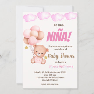 Invitation Ours avec ballons Baby shower fille espagnol