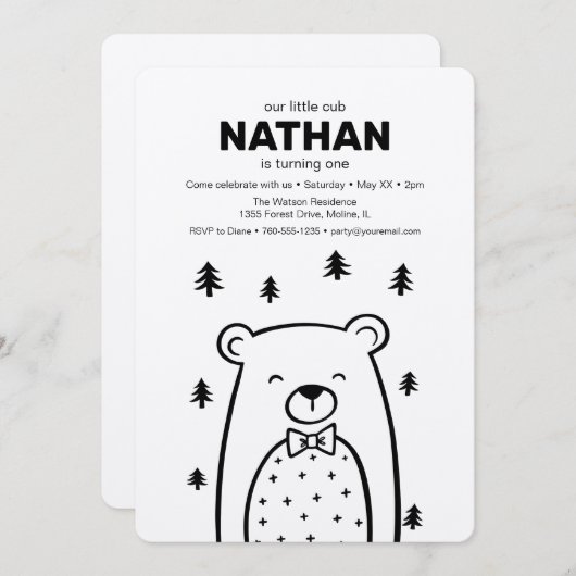 Invitation Ours avec Cravate, anniversaire (Devant / Derrière)