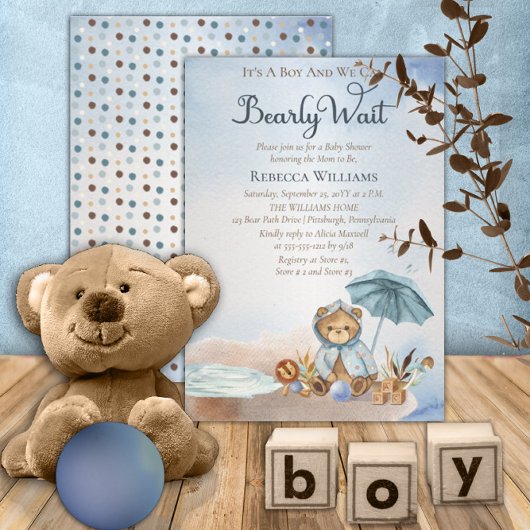 Invitation Ours | Baby shower Bearly Wait Boy Parapluie bleu
