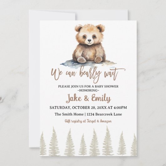 Invitation Ours Baby shower Bearly Wait Woodland Teddy (Devant)