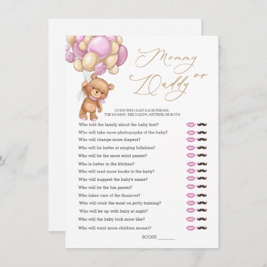 Invitation Ours Baby shower Jeu Devinez Qui Maman ou Papa (Devant / Derrière)