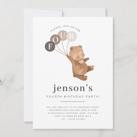 Invitation Ours Ballons Brown 4e anniversaire (Devant)