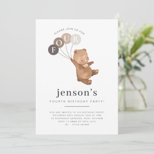 Invitation Ours Ballons Brown 4e anniversaire (Debout devant)
