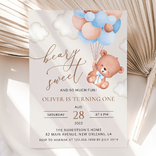Invitation Ours Bébé, Ballons Bleus, Premier anniversaire