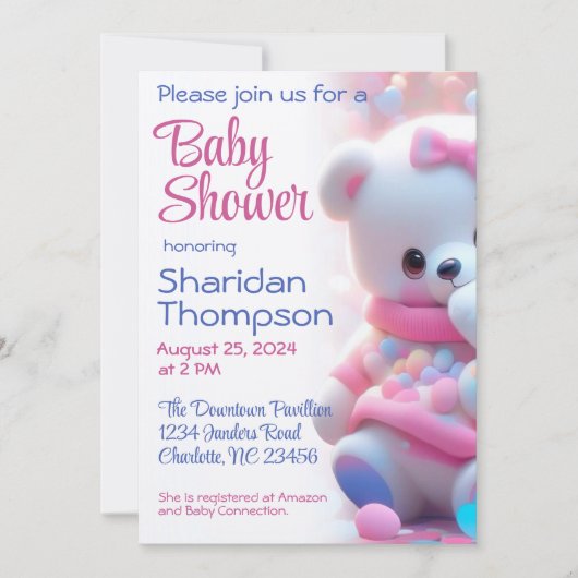 Invitation Ours Bébé blanc avec douche rose et bleu (Devant)
