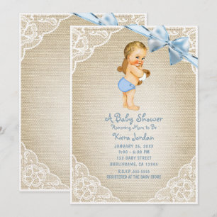 Invitation Ours bébé garçon blanc & noeud bleu en toile de ju
