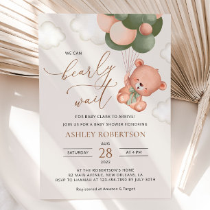 Invitation ours bébé, ours en peluche, ballons verts, Baby sh