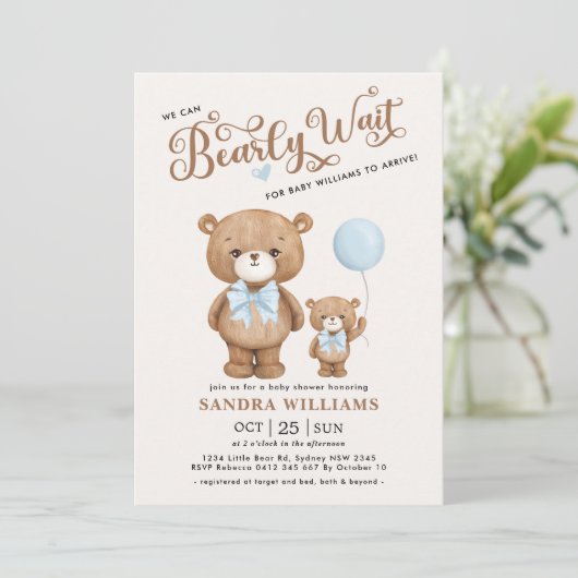 Invitation Ours Bleu Teddy On Peut Attendre Baby shower Garço (Debout devant)
