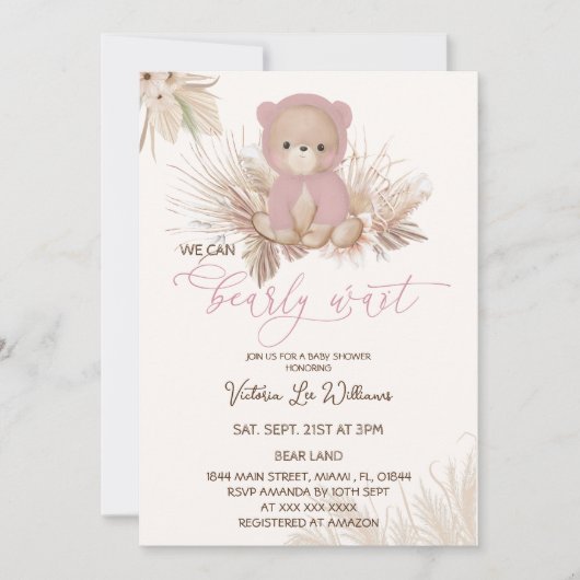 Invitation Ours Boho rose Bearly Wait Girl Baby shower (Devant)