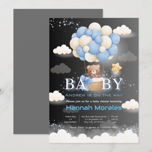 Invitation Ours Brown Avec Ballons Baby shower double couleur (Devant / Derrière)
