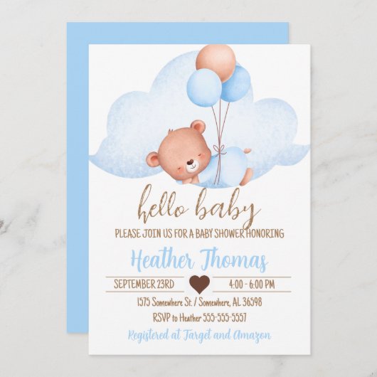 Invitation Ours Brown dormant et Baby shower nuageux (Devant / Derrière)