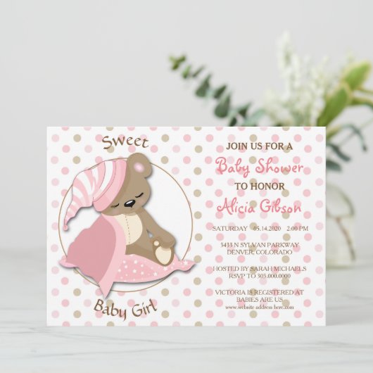 Invitation Ours couché Bébé Fille Douche (Debout devant)