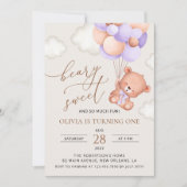 Invitation Ours De Bébé, Ballons Violets, Premier Anniversair (Devant)