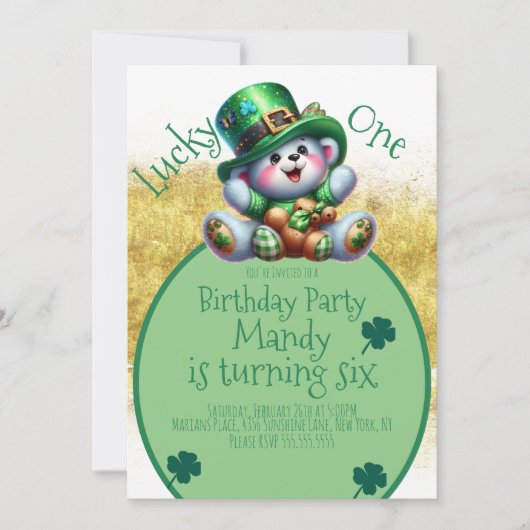 Invitation Ours de la Saint-Patrick Anniversaire Lucky One (Devant)