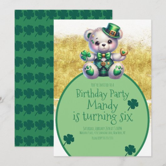 Invitation Ours de la Saint-Patrick Anniversaire Or Vert (Devant / Derrière)