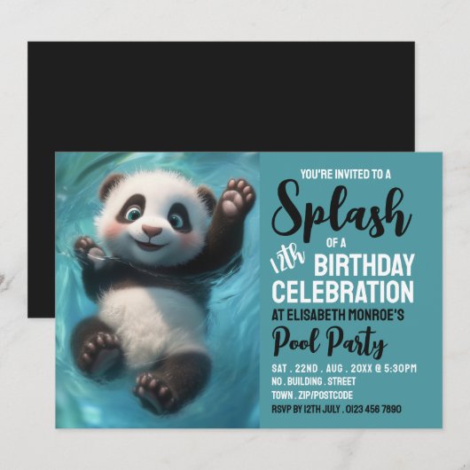 Invitation Ours de panda éclaboussant, fête de la piscine Ann (Devant / Derrière)