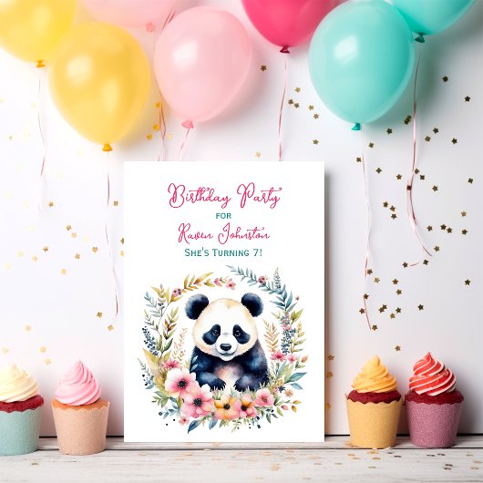 Invitation Ours de panda en fleurs Anniversaire de la fille