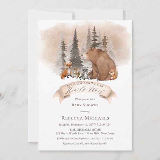 Invitation Ours des bois |Animaux Baby shower Bearly Wait Boy (Devant)