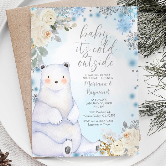 Invitation Ours d'hiver Artique Animal Fleur blanche Baby sho
