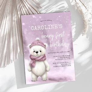 Invitation Ours d'hiver Pink Baby Girl Premier anniversaire