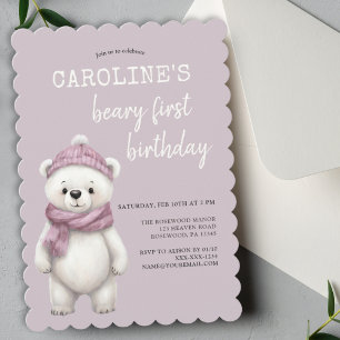 Invitation Ours d'hiver violet rose bébé fille premier annive