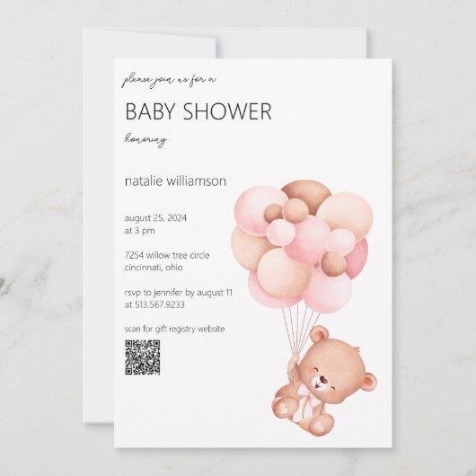Invitation Ours doux avec ballons Baby shower QR Code (Devant)