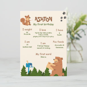 Invitation Ours éditable Premier Anniversaire Bois Ours Garço