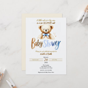 Invitation Ours en aquarelle Baby Shower Bleu à peine ours