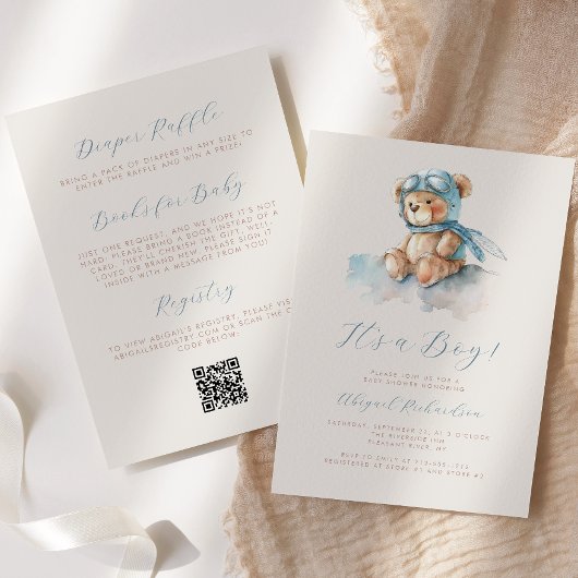 Invitation Ours en aquarelle bleue Code QR Fête bébé garçon