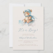 Invitation Ours en aquarelle bleue Code QR Fête bébé garçon (Devant)