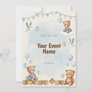 Invitation Ours en aquarelle Stork Bloc en bois Bleu