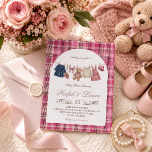 Invitation Ours en carreaux roses vintage luxe Baby Shower