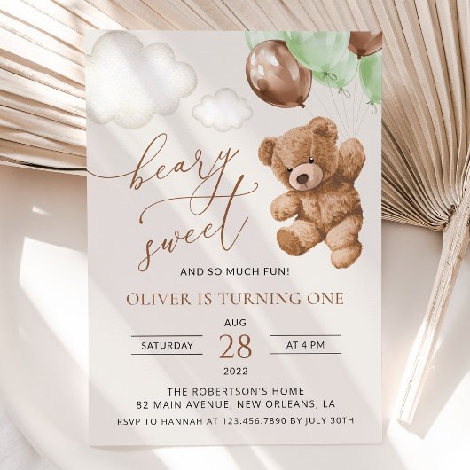 Invitation Ours En Conflit, Ballons Verts, Premier Anniversai