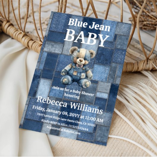 Invitation Ours en denim patchwork garçon bébé shower en jean