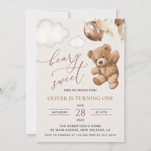 Invitation Ours En Joue, Ballons Brown, Premier Anniversaire (Devant)